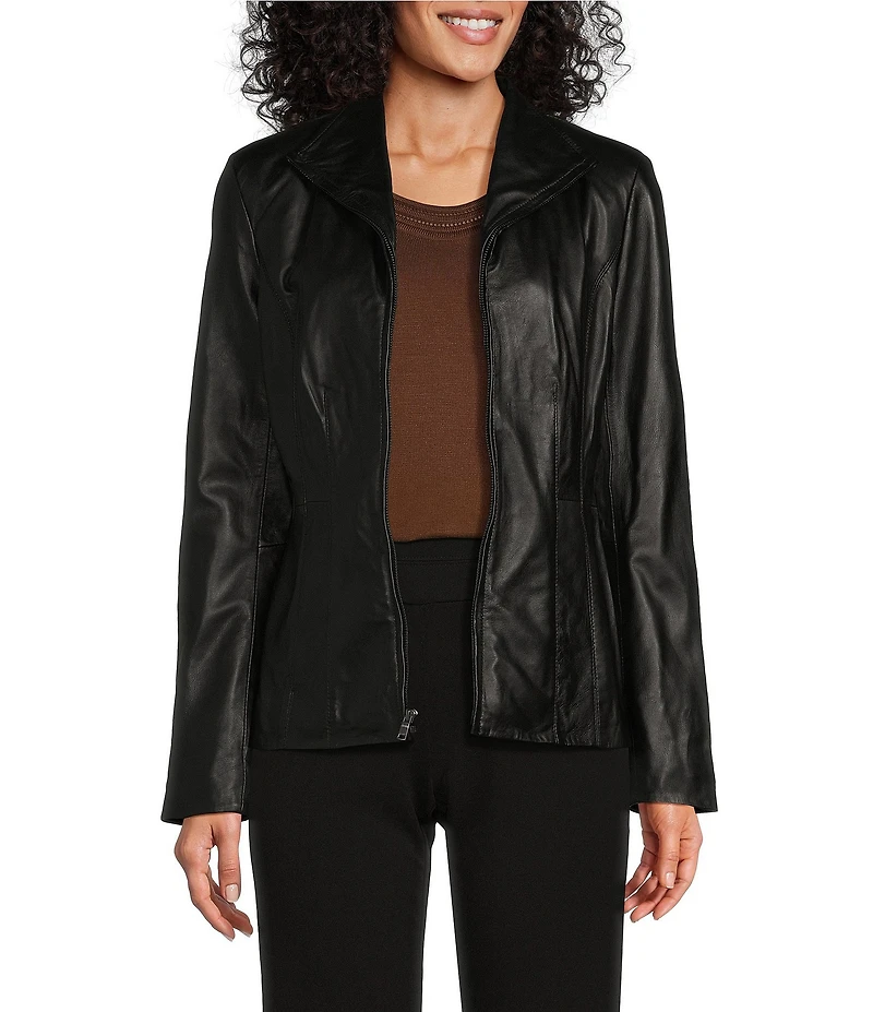 Cole Haan Single Breasted Wing Collar Long Sleeve Genuine Lambskin Leather Moto Jacket