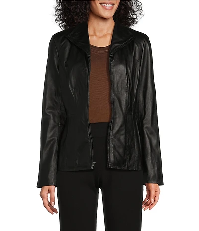 Cole Haan Single Breasted Wing Collar Long Sleeve Genuine Lambskin Leather Moto Jacket