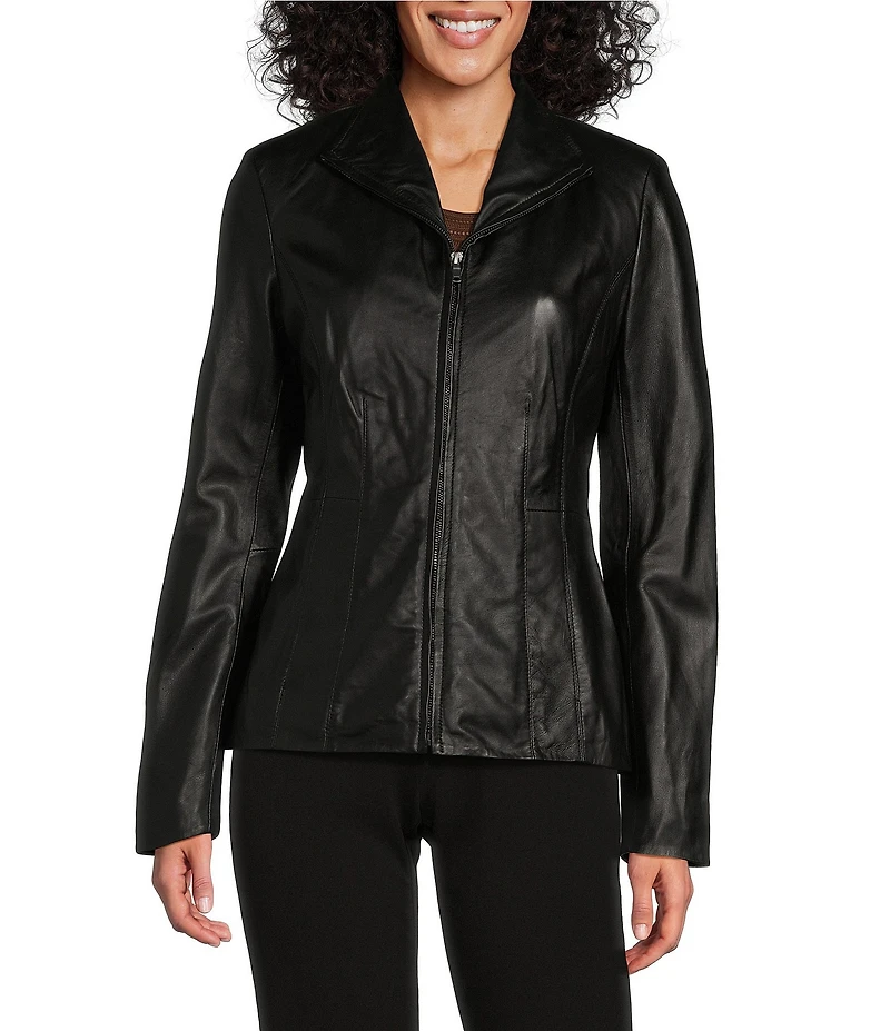 Cole Haan Single Breasted Wing Collar Long Sleeve Genuine Lambskin Leather Moto Jacket