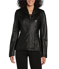 Cole Haan Single Breasted Wing Collar Long Sleeve Genuine Lambskin Leather Moto Jacket