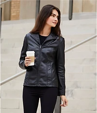 Cole Haan Single Breasted Wing Collar Long Sleeve Genuine Lambskin Leather Moto Jacket
