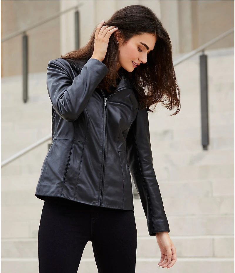 Cole Haan Single Breasted Wing Collar Long Sleeve Genuine Lambskin Leather Moto Jacket