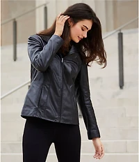 Cole Haan Single Breasted Wing Collar Long Sleeve Genuine Lambskin Leather Moto Jacket