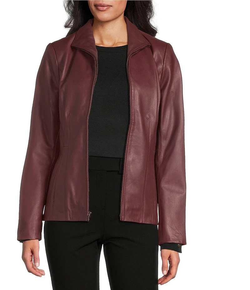 Cole Haan Single Breasted Wing Collar Long Sleeve Functional Inseam Pocket Genuine Lambskin Leather Moto Jacket