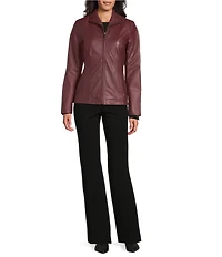Cole Haan Single Breasted Wing Collar Long Sleeve Functional Inseam Pocket Genuine Lambskin Leather Moto Jacket