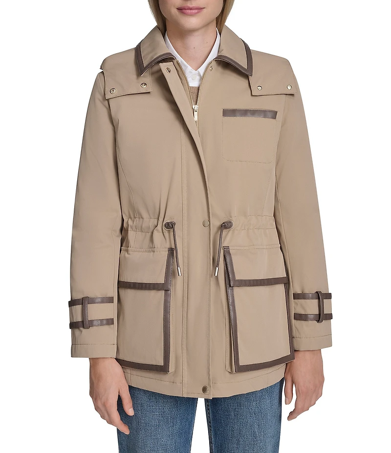 Cole Haan Twill Blend Water Repellent Collar Faux Leather Trim Raincoat
