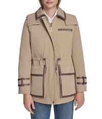Cole Haan Twill Blend Water Repellent Collar Faux Leather Trim Raincoat