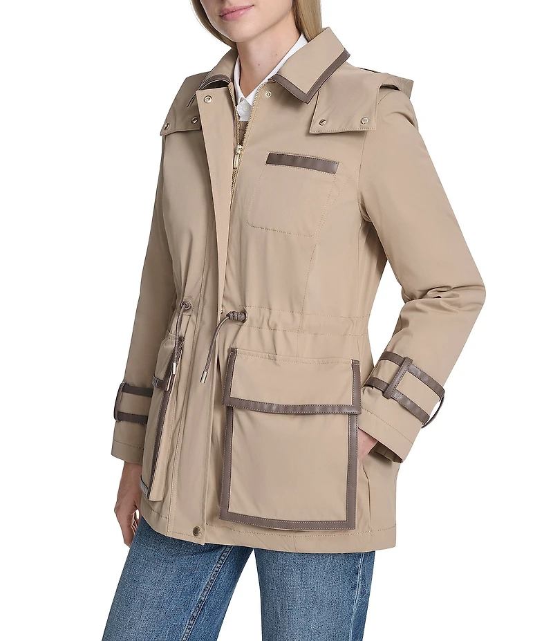 Cole Haan Twill Blend Water Repellent Collar Faux Leather Trim Raincoat