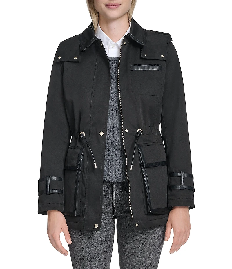 Cole Haan Twill Blend Water Repellent Collar Faux Leather Trim Raincoat