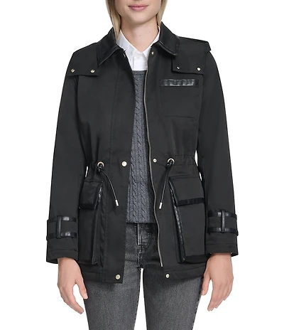 Cole Haan Twill Blend Water Repellent Collar Faux Leather Trim Raincoat