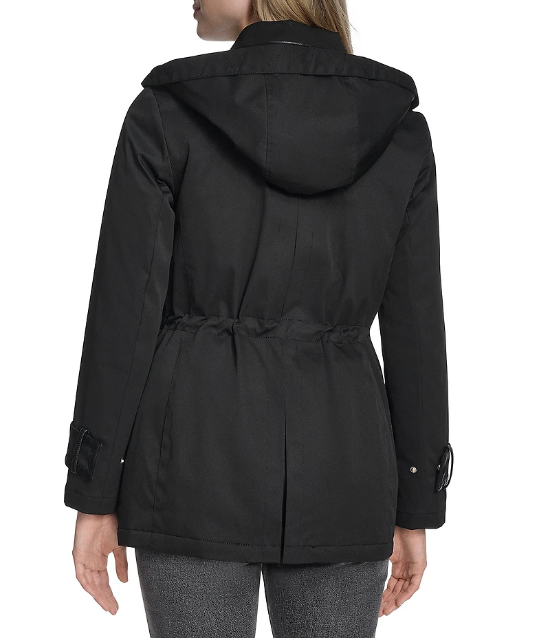 Cole Haan Twill Blend Water Repellent Collar Faux Leather Trim Raincoat