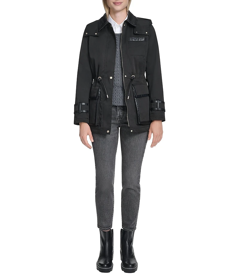 Cole Haan Twill Blend Water Repellent Collar Faux Leather Trim Raincoat