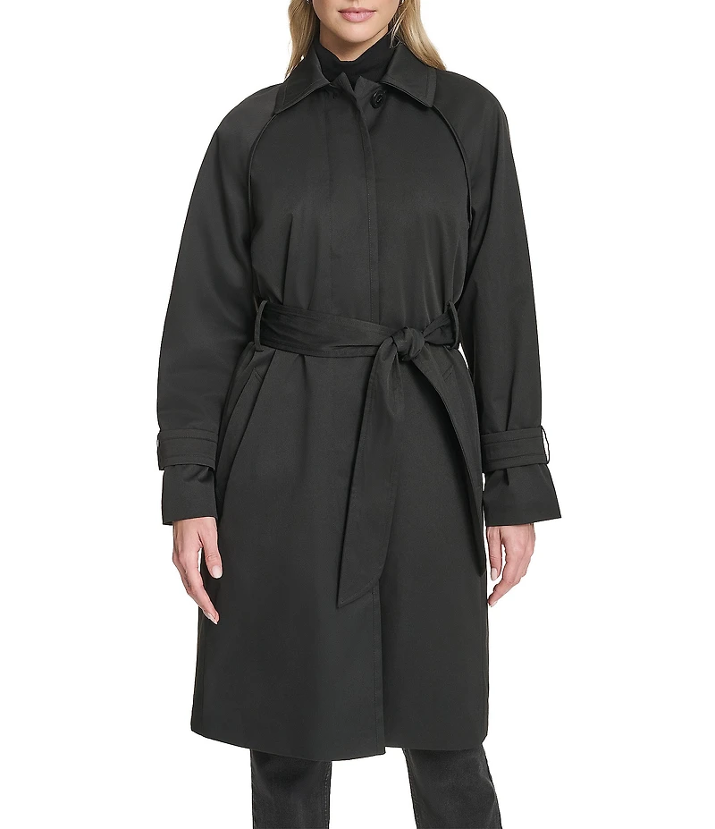 Cole Haan Water Resistant Insulated Raglan Twill Faux Leather Trim Belted Button Front Trench Coat