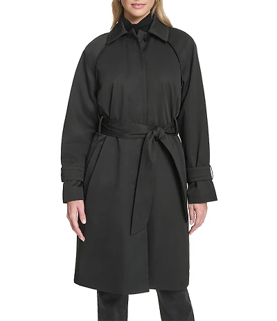 Cole Haan Water Resistant Insulated Raglan Twill Faux Leather Trim Belted Button Front Trench Coat