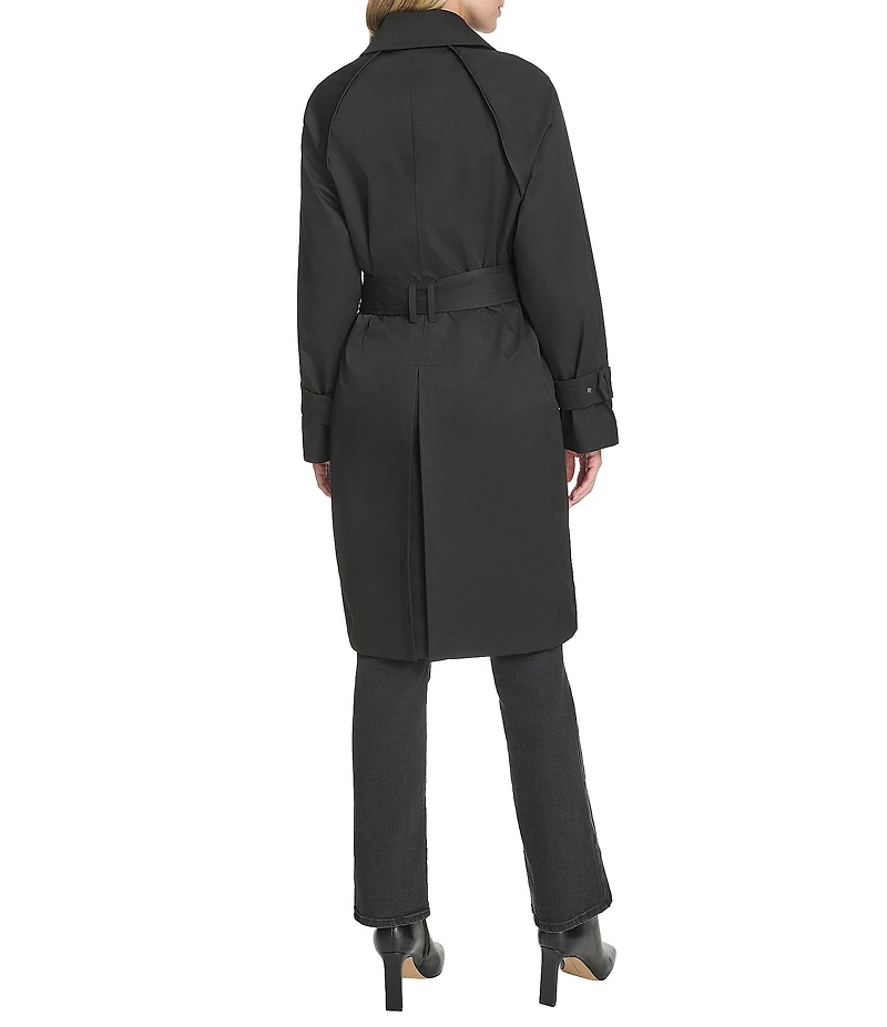 Cole Haan Water Resistant Insulated Raglan Twill Faux Leather Trim Belted Button Front Trench Coat