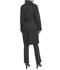 Cole Haan Water Resistant Insulated Raglan Twill Faux Leather Trim Belted Button Front Trench Coat