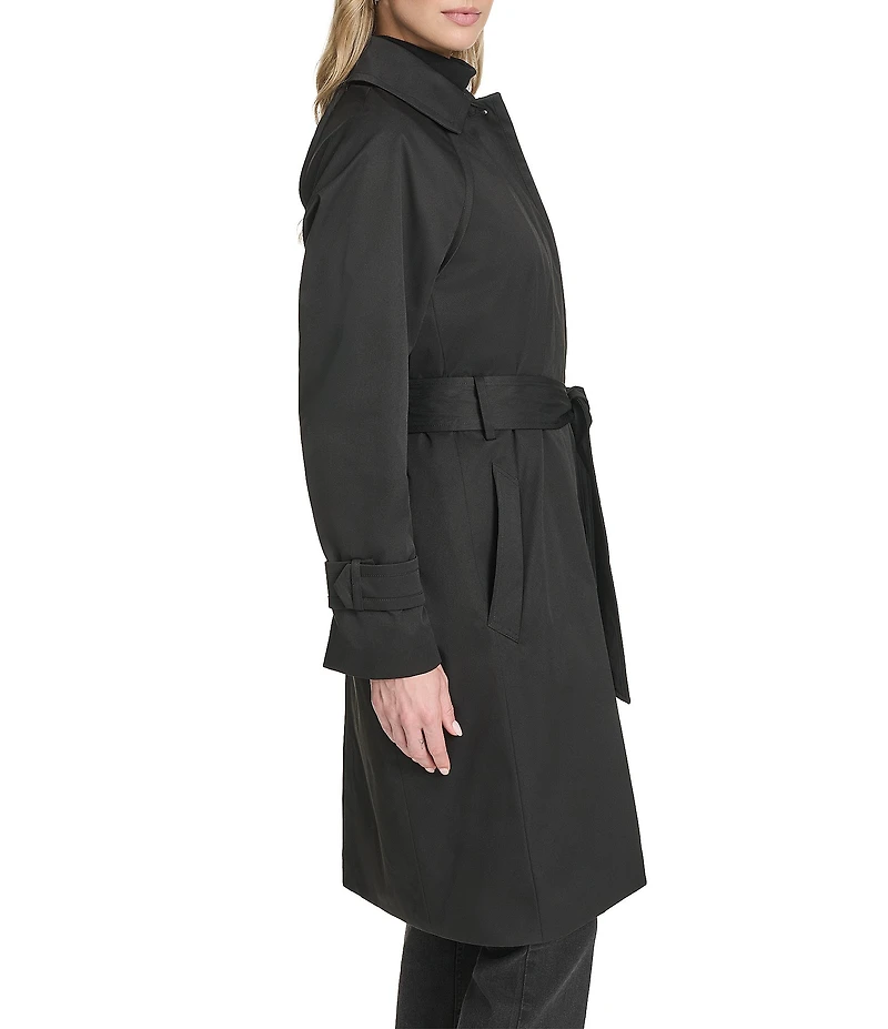 Cole Haan Water Resistant Insulated Raglan Twill Faux Leather Trim Belted Button Front Trench Coat