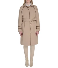 Cole Haan Water Resistant Insulated Raglan Twill Faux Leather Trim Belted Button Front Trench Coat