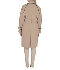 Cole Haan Water Resistant Insulated Raglan Twill Faux Leather Trim Belted Button Front Trench Coat