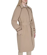 Cole Haan Water Resistant Insulated Raglan Twill Faux Leather Trim Belted Button Front Trench Coat