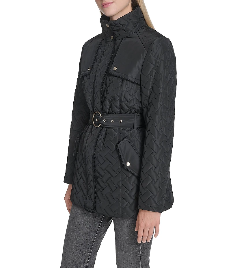 Cole Haan Water Resistant Quilted Stand Collar Belted Jacket