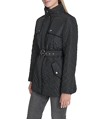 Cole Haan Water Resistant Quilted Stand Collar Belted Jacket