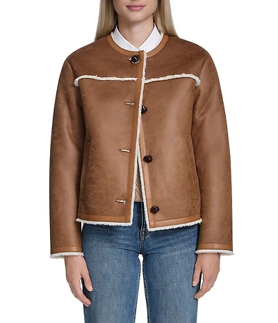 Cole Haan Waxed Suede Shearling Collarless Button Front Jacket
