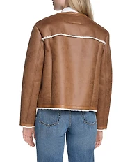 Cole Haan Waxed Suede Shearling Collarless Button Front Jacket
