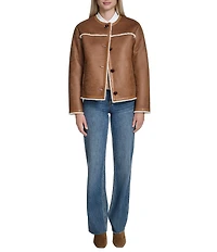Cole Haan Waxed Suede Shearling Collarless Button Front Jacket