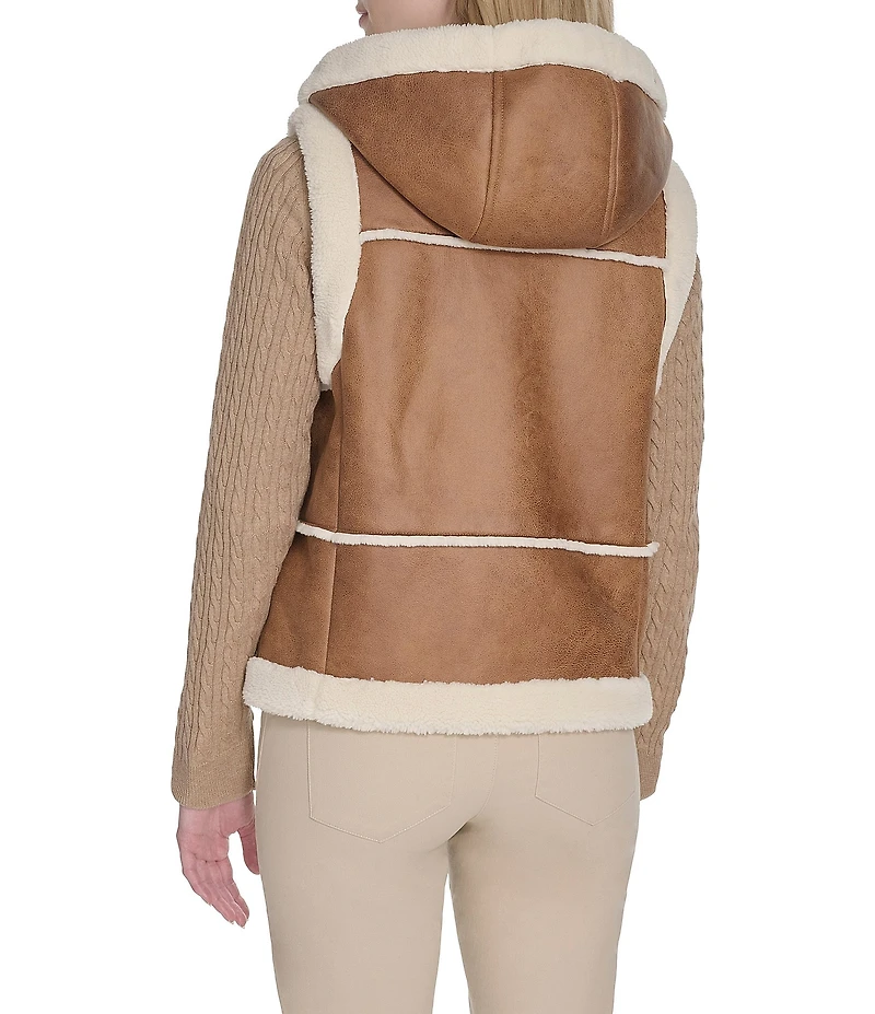 Cole Haan Waxed Suede Shearling Water Resistant Hooded Zip Front Vest