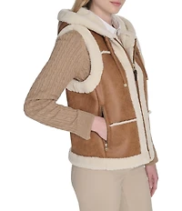 Cole Haan Waxed Suede Shearling Water Resistant Hooded Zip Front Vest