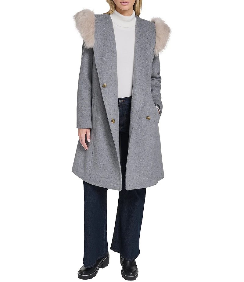 Cole Haan Wool Blend Faux Fur Trim Belted Wrap Coat