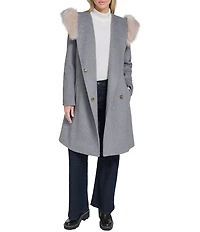 Cole Haan Wool Blend Faux Fur Trim Belted Wrap Coat
