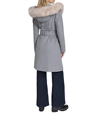 Cole Haan Wool Blend Faux Fur Trim Belted Wrap Coat