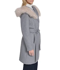 Cole Haan Wool Blend Faux Fur Trim Belted Wrap Coat