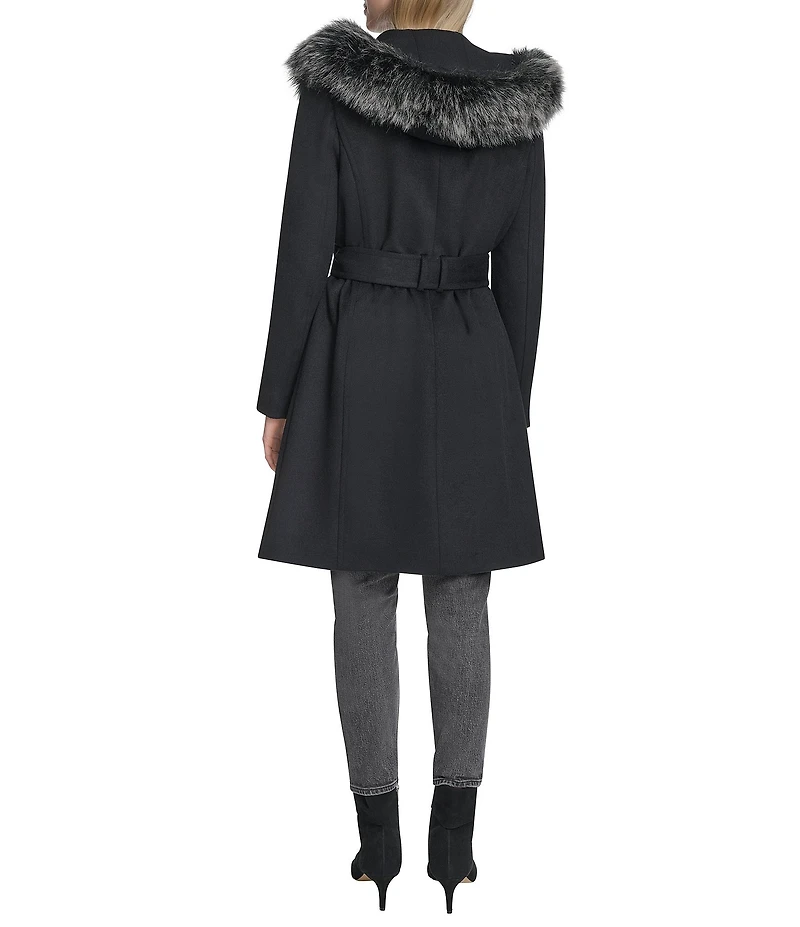 Cole Haan Wool Blend Faux Fur Trim Belted Wrap Coat