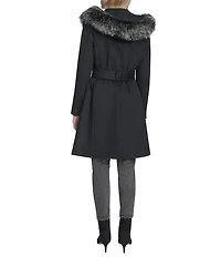 Cole Haan Wool Blend Faux Fur Trim Belted Wrap Coat