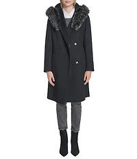 Cole Haan Wool Blend Faux Fur Trim Belted Wrap Coat