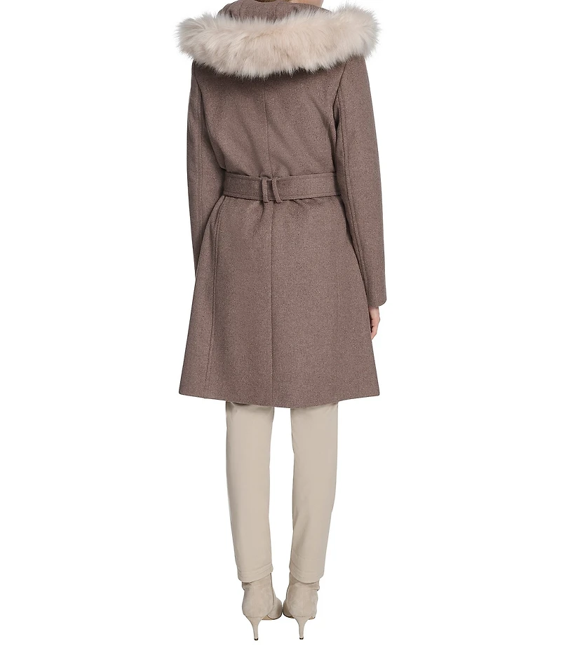 Cole Haan Wool Blend Faux Fur Trim Belted Wrap Coat