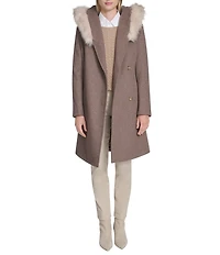 Cole Haan Wool Blend Faux Fur Trim Belted Wrap Coat