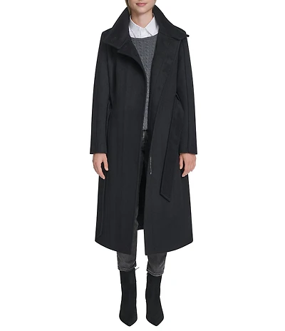 Cole Haan Wool Blend Water Resistant Stand Collar Belted Wrap Coat