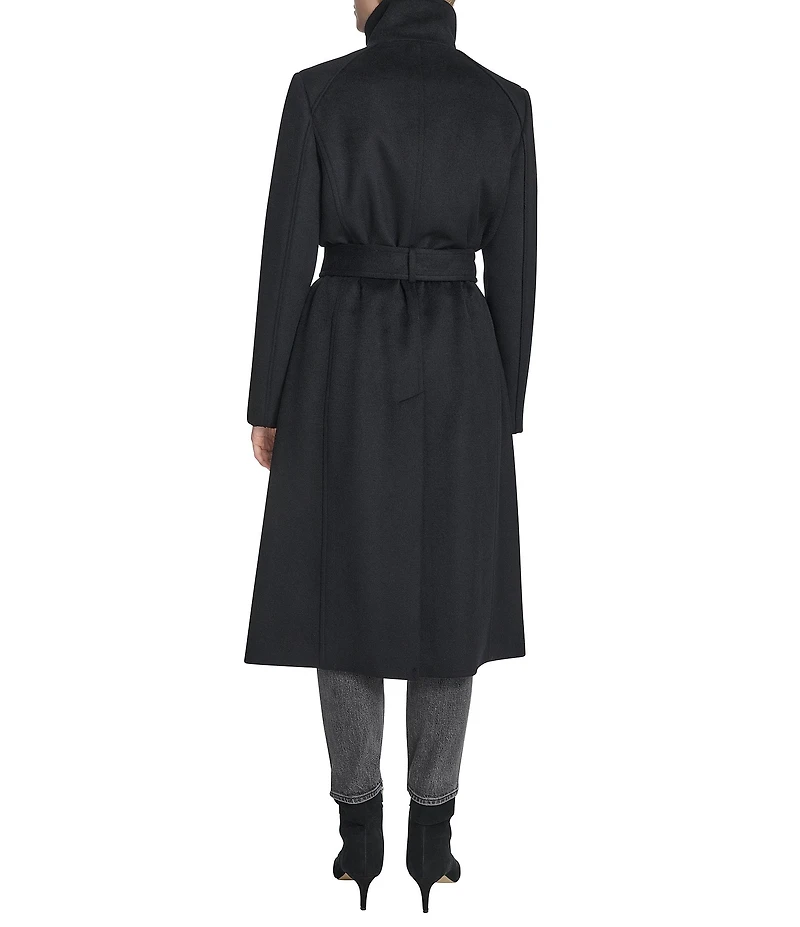 Cole Haan Wool Blend Water Resistant Stand Collar Belted Wrap Coat