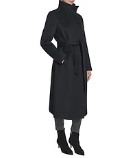 Cole Haan Wool Blend Water Resistant Stand Collar Belted Wrap Coat