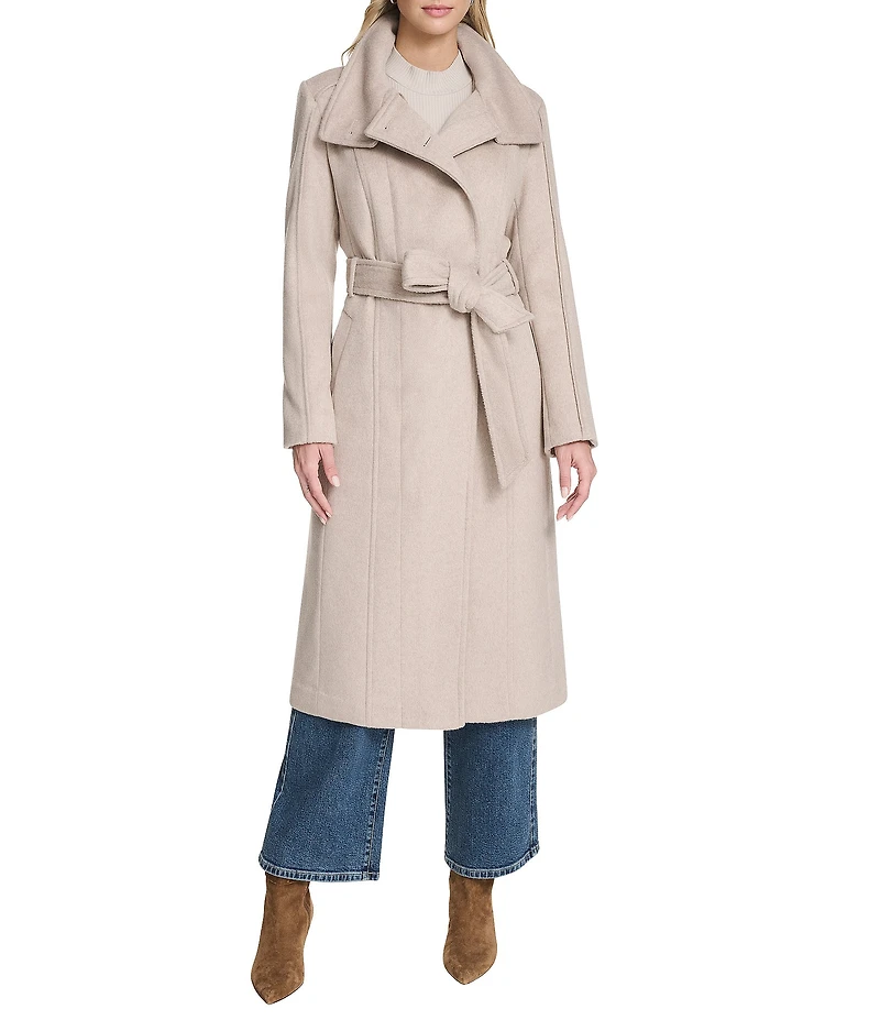Cole Haan Wool Blend Water Resistant Stand Collar Belted Wrap Coat