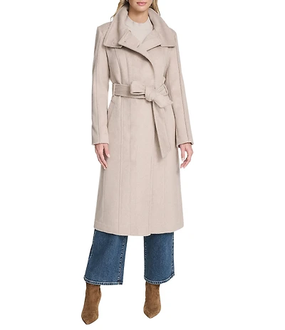 Cole Haan Wool Blend Water Resistant Stand Collar Belted Wrap Coat