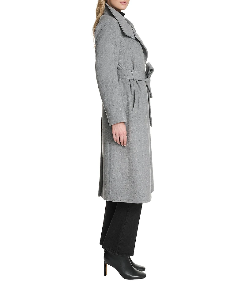 Cole Haan Wool Blend Water Resistant Stand Collar Belted Wrap Coat