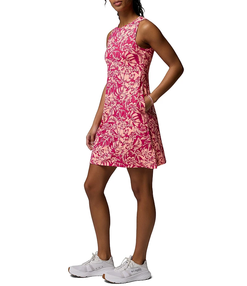 Columbia Guava Pink Vacay Bloom Printed Crew Neckline Sleeveless Mini Dress