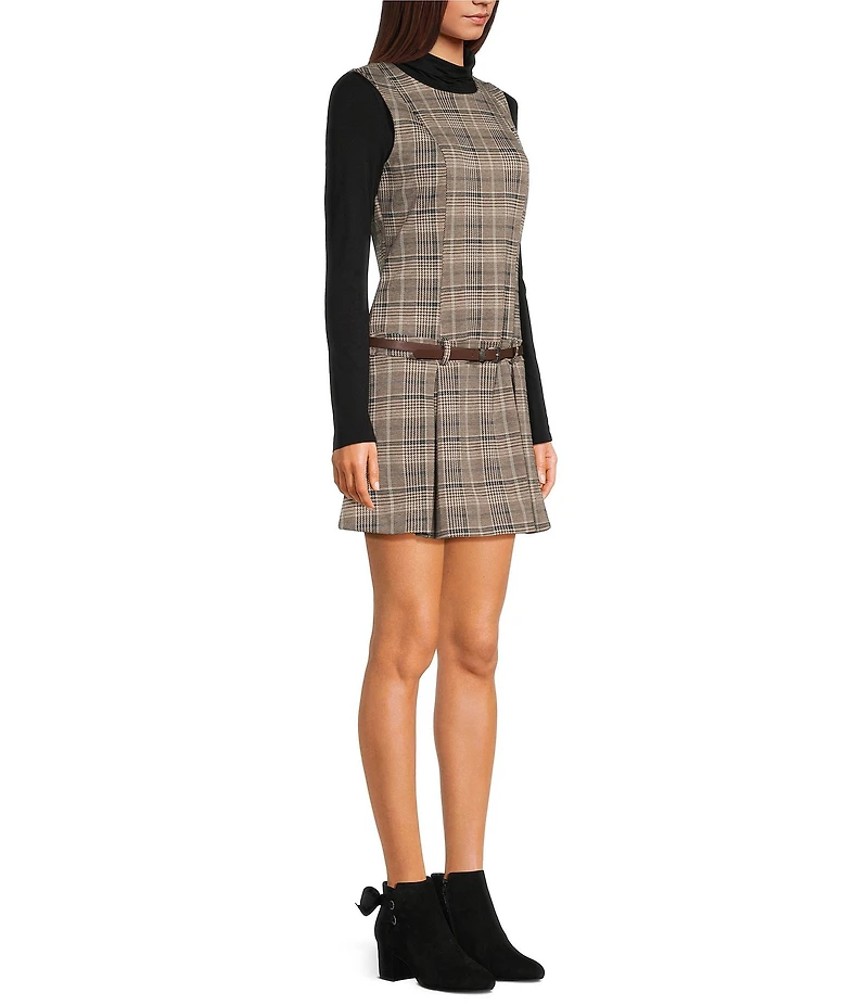 Copper Key Belted Plaid Drop Waist Mini Dress