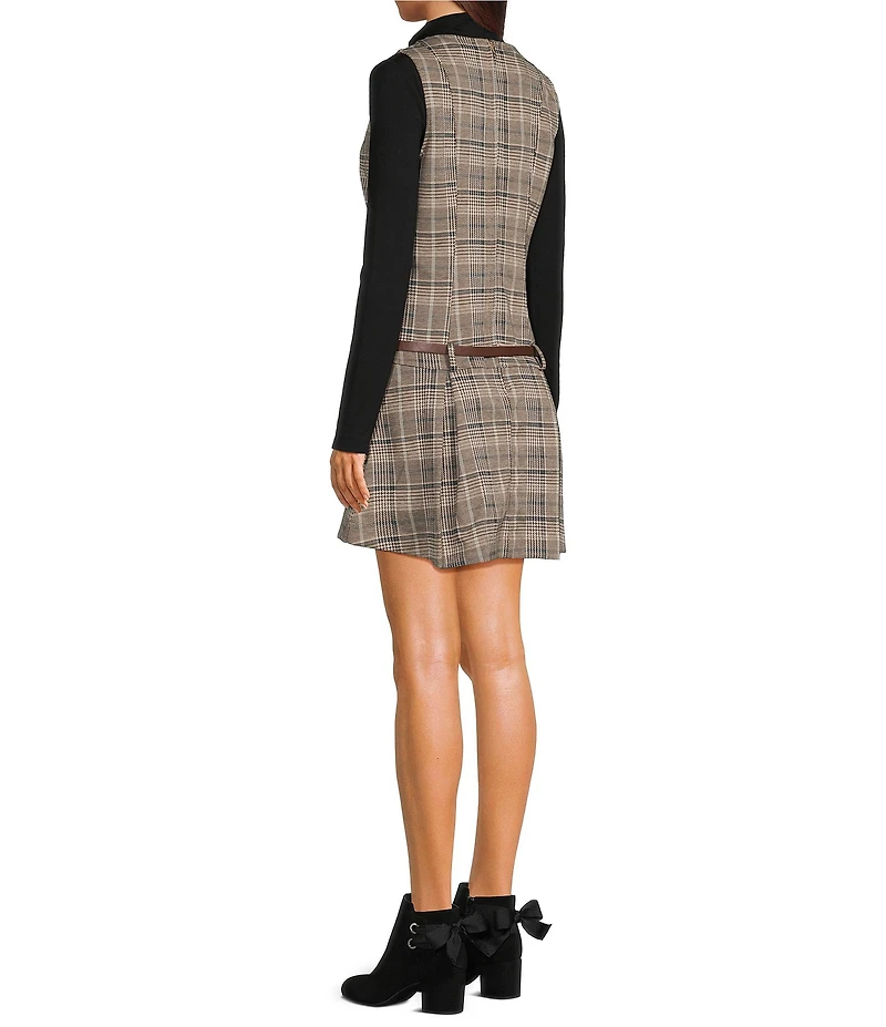 Copper Key Belted Plaid Drop Waist Mini Dress