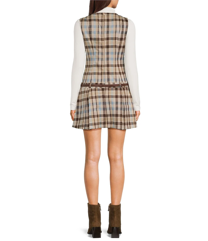 Copper Key Belted Plaid Drop Waist Mini Dress